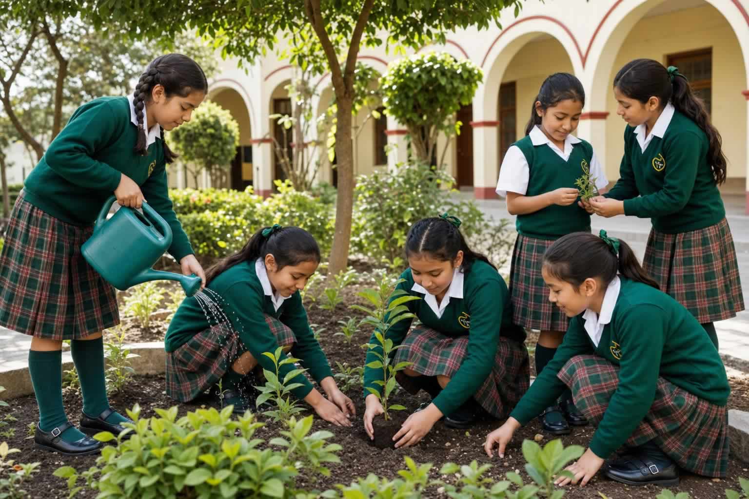 Estudiantes de Primaria cuidando un jardín escolar